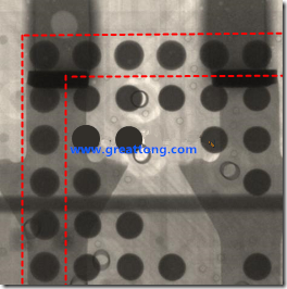 BGA錫球尺寸小于0.4mm，采用降低BGA內(nèi)圍襲球的錫膏量所得到X-Ray，稍微留意一下可以發(fā)現(xiàn)最外圈的錫量(圓的直徑)比其他內(nèi)圍的錫球上的錫量來(lái)得多一點(diǎn)點(diǎn)。也就是外圈的黑色圓形直徑比內(nèi)圈的圓形來(lái)得大一點(diǎn)點(diǎn)。