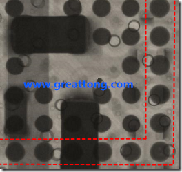 BGA錫球尺寸小于0.4mm，采用降低BGA內(nèi)圍襲球的錫膏量所得到X-Ray，稍微留意一下可以發(fā)現(xiàn)最外圈的錫量(圓的直徑)比其他內(nèi)圍的錫球上的錫量來(lái)得多一點(diǎn)點(diǎn)。也就是外圈的黑色圓形直徑比內(nèi)圈的圓形來(lái)得大一點(diǎn)點(diǎn)。