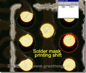 電路板BGA下面的防焊層印刷偏移，造成焊墊大小不一致。