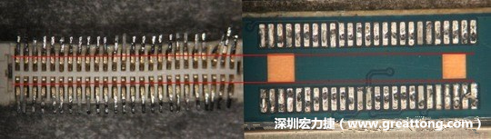 把板對(duì)板連接器與其電路板的佈線焊墊作一個(gè)比較，端子的切斷面有毛邊的地方剛好對(duì)到了裸銅區(qū)。