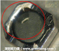 使用錫(Sn)鍍層的電源電感器(Power Inductors)，經(jīng)過推力測試后，其焊點還保留在零件的端點上，所以推力比較高。