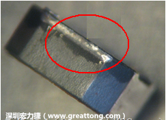 使用錫(Sn)鍍層的電源電感器(Power Inductors)，經(jīng)過推力測試后，其焊點還保留在零件的端點上，所以推力比較高。