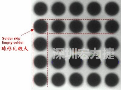 現(xiàn)在我畫幾條直線你再看看是否有發(fā)現(xiàn)那一顆BGA的錫球比較大，有空焊的可能？