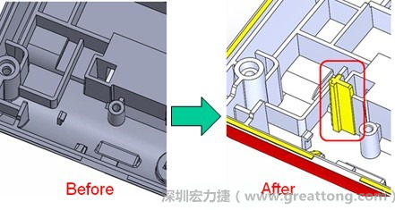 既然知道可能的問題出在電路板變形量過大，于是在電路板上黏貼應(yīng)力計(jì)(Stress Gauge)然后先量測(cè)未改善前的應(yīng)力數(shù)據(jù)。改善方法是在BGA的附近新增機(jī)溝肋柱(rib)來頂住電路板以降低電路板在落下時(shí)的變形量。