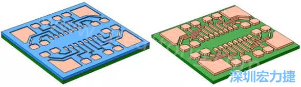 銅被電鍍在導電種子層之上，從而填滿了PCB板上的圖形化光刻膠腔體(左)。清除光刻膠，蝕刻暴露出的種子層以分隔開不同的銅線(右)-深圳宏力捷