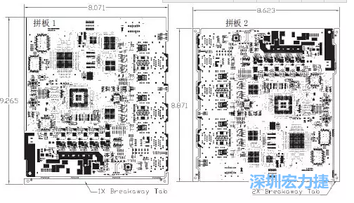 如圖7所示是使用不同數(shù)量邊條的拼板，拼板1僅使用了一個邊條，直接利用PCB另一邊作為SMT工藝傳送邊，并且PCB圖形中有合適的安裝孔；而拼板2則是按常規(guī)設(shè)計了兩個邊條。拼板方式為連接筋。圖中“Breakaway Tab”指邊條-深圳宏力捷