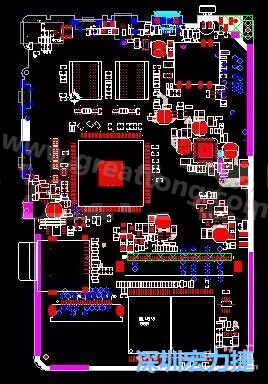 上圖是一個(gè)開(kāi)發(fā)板的PCB，從布局中可以看出各個(gè)接口電路分離很明確，SDRAM和DDR以及SD卡接口電路等走線不會(huì)造成相互的干擾。-深圳宏力捷