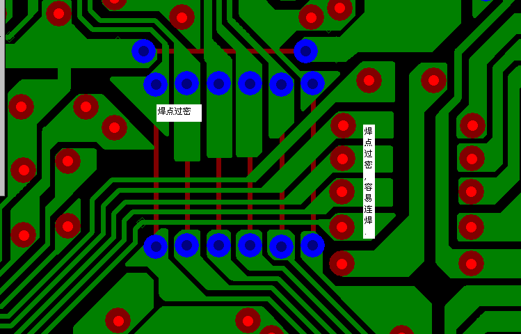 PCB設計焊點過密，易造成波峰連焊，焊點間漏電