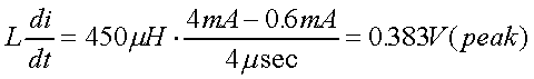 舉例來說，一個閘在"ON"而載有4mA的電流時，突然開關(guān)切到"OFF"且現(xiàn)在載有0.6mA的電流，假設(shè)開關(guān)時間為4msec，載有450mH的電感信號的導(dǎo)體，此時所產(chǎn)生的電壓突波為