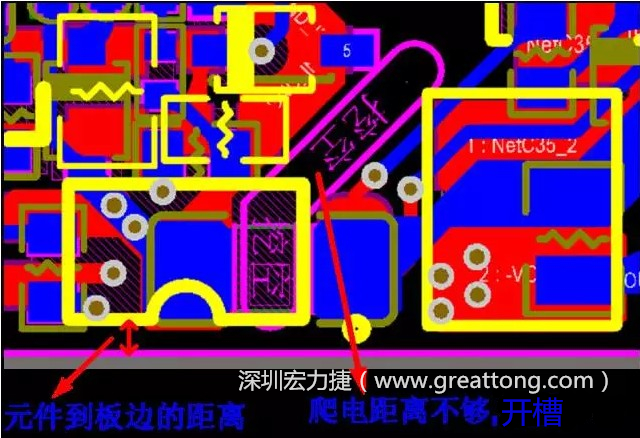 如果碰到模塊PCB空間有限，爬電距離不夠，可以采用開槽的方式