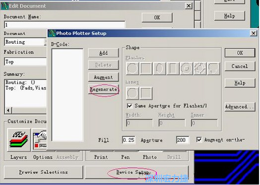當Gerber和鉆孔都設(shè)置完后，選擇一貼片元件較多的層（一般為Top層），點擊Device SetupPhoto，將 Plotter Setup窗口D-Code欄原有的D碼刪除并按Regenerate重新生成