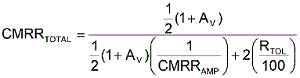 方程式1是從理想運算放大器的CMRR等式中匯出，其中CMRRAMP被假定為非常大(無窮大)。