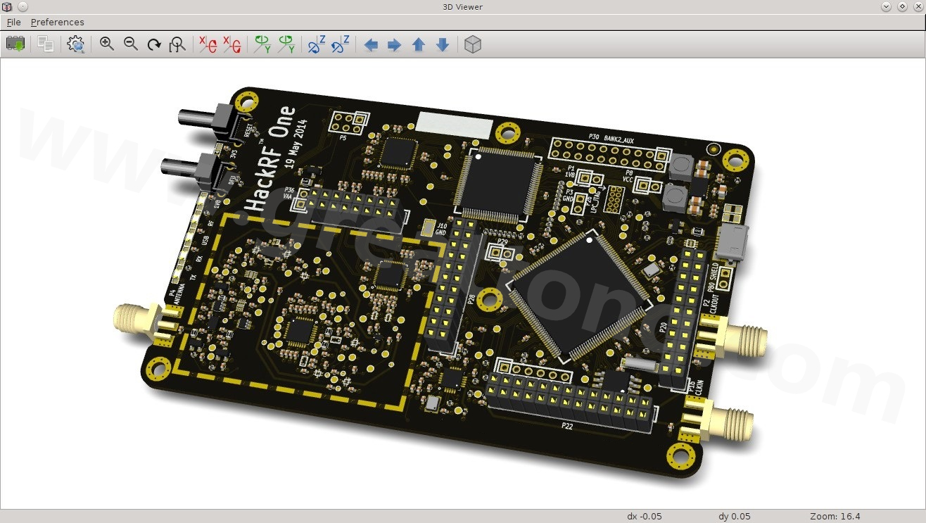 經(jīng)KiCad軟體3D功能渲染過的HackRF One電路板。