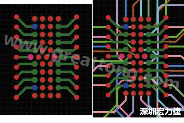 圖7：焊盤內(nèi)過孔用于內(nèi)部，而外部接腳在0.5mm閘格上扇出。圖7a顯示的是頂層(左)；圖7b顯示頂層和內(nèi)部布線層(右)。