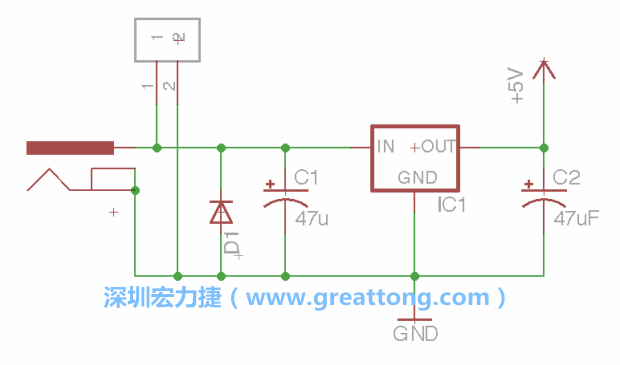 2.5.    新增一個(gè)二極體，它會以水平的狀態(tài)出現(xiàn)在屏幕上，請使用「旋轉(zhuǎn)（Rotate）」工具把它負(fù)極那一面朝上，并且用「網(wǎng)絡(luò)連接」工具將它連接在電壓調(diào)整器的輸入端和接地端之間。