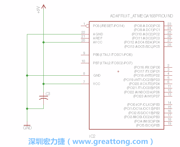 3.1.    新增微控制器晶片（RBBB → ATmega），把它放在電路原理圖的中央附近，把它的兩個(gè)接地接頭連接到接地訊號(hào)端。