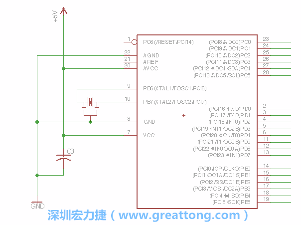 3.2.    在靠近ATmega的電源供應(yīng)針腳7的位置放置一個(gè)0.1μF的電容，將它分別連接電源、接地端和針腳7。