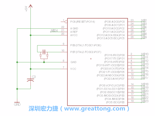 3.3.    將共鳴器（resonator）放置在針腳9和針腳10附近，將它的三個(gè)針腳連接如圖所示，并確認(rèn)最中間的針腳有連到接地端。