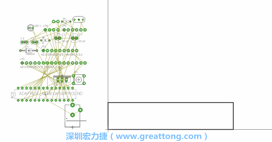 第一次執(zhí)行布線編輯器時，你會發(fā)現(xiàn)有兩個區(qū)塊，左邊的區(qū)塊非?；靵y，而右邊的區(qū)塊則是一個長方形的工作區(qū)域，EAGLE免費版會限制你的工作區(qū)域在4” x 3.2”的范圍內(nèi)，如果你試圖將元件擺放在工作區(qū)外的話，就會跳出警示訊息。