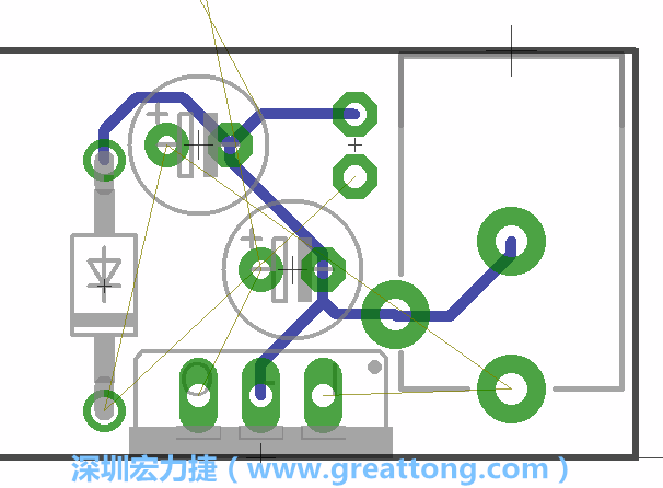 當(dāng)你在擺放元件時，要注意元件間的連結(jié)關(guān)系使用「旋轉(zhuǎn)（Rotate）」工具來讓連結(jié)點更接近、更容易布線。舉例來說，我們可以將這邊的二極體轉(zhuǎn)一個方向來縮短和47μF電容間的連結(jié)距離。