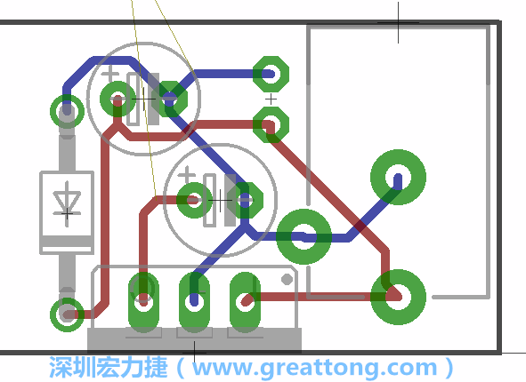 接地連結(jié)點的布線情形如下圖所示，利用這個練習(xí)來避免電路連線銳角化的產(chǎn)生是一個不錯的選擇，你可以在工具列中的彎曲線路（Wire Bend）選項里改變各種布線的變化。