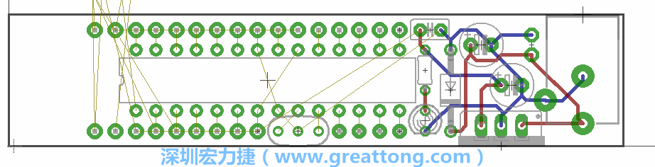 將ATmega微控制器、三個GPIO排針（JP2, JP3, JP4）和諧振器（resonator）排置如上圖所示。