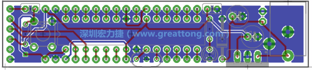 第二篇文章則帶領(lǐng)你進行電路板上的布線、連結(jié)點的配置，并利用「設(shè)計規(guī)則檢查（Design Rule Check）」測試你的設(shè)計，第二篇文章的電路板設(shè)計圖將如下所示：