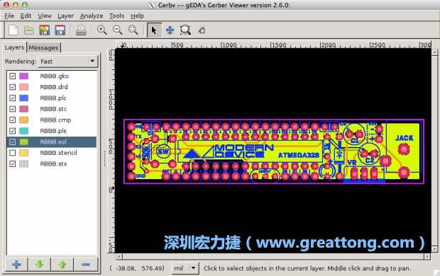 將圖層匯入你的Gerber預(yù)覽工具內(nèi)（下圖為Gerbv），我通常會從上到下重新排列它們的順序，好讓我比較好校對：