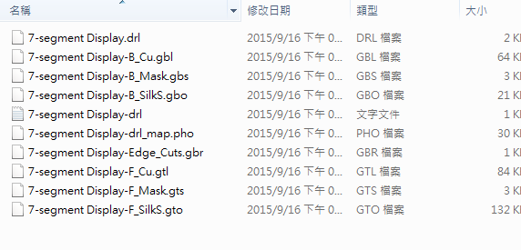 所謂Gerber檔，其實(shí)是包含一群檔案 (如下圖所示)，如包含正反面銅箔層 F.Cu B.Cu.，正反面文字面 F.Silkscreen ，B.Silkscreen，防焊層 SolderMask、板邊裁切Edge.Cuts 等。