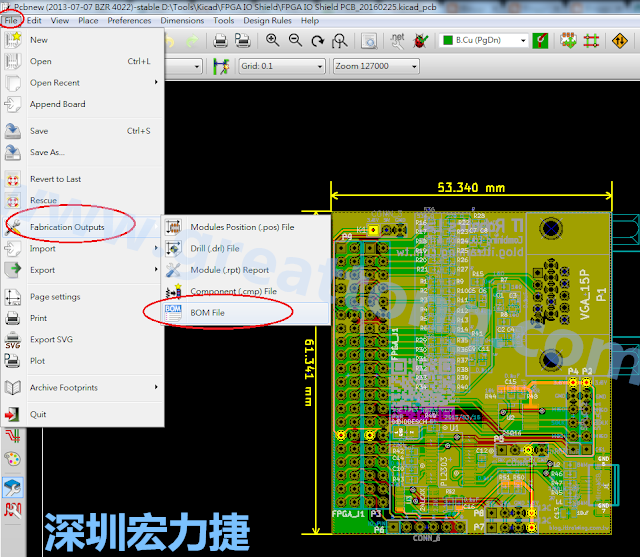 在Kicad的PCB Editor, 點(diǎn)選 File->Fabrication Outputs->BOM File, 即可產(chǎn)生一個(gè) .csv 的Excel 檔案。