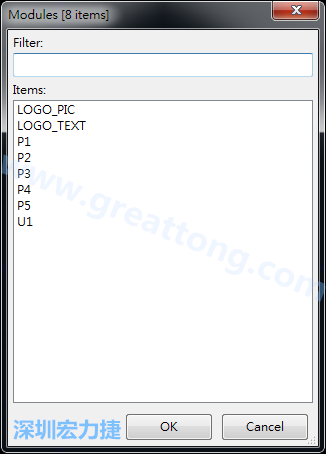從目前正在編輯的PCB載入Module， 會(huì)顯示有那些項(xiàng)目可載入。點(diǎn)選一個(gè)， OK后即完成載入