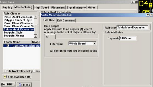 5. 而對于阻焊的調(diào)整則可以通過按D、R調(diào)出[Manufacturing]制作設(shè)計規(guī)則的[Solder-Mask Expansion Rule]設(shè)置項直接設(shè)定單邊放大值