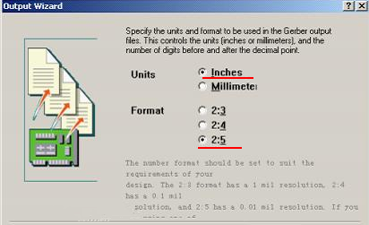 在上圖中選擇“Inches 2：5”，以確保資料精度，反之線寬、線距或孔有偏移現(xiàn)象