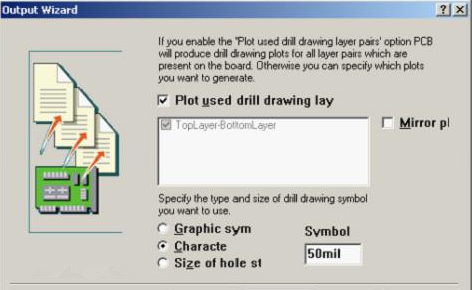 選中“Plot used drill drawing layer”，并將孔圖改為“Cheracte”標示