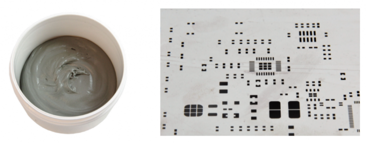 焊膏（左），PCB模板激光切割孔（右）